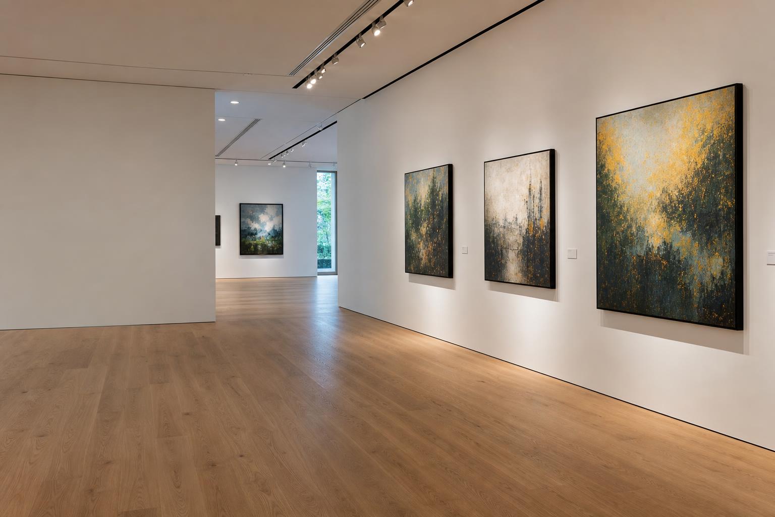 Moderne Kunstgalerie mit hochwertigen Gemälden an einer weißen Wand